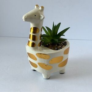Gold Spotted Ivory Ceramic Giraffe Faux Succulent Planter Decor
